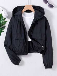SHEIN Tween Girl Long Sleeve Hooded Drop Shoulder Black Jacket Halloween Autumn Fall School Running Graphic Baggy - Black - View 4