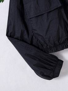 SHEIN Tween Girl Long Sleeve Hooded Drop Shoulder Black Jacket Halloween Autumn Fall School Running Graphic Baggy - Black - View 6