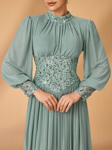 Serin Elegant Sage Green Chiffon Lace Applique High Neck Ruffle Long Sleeve Ruched A Line Mother Of The Bride Dress Wedding Guest Formal Fall Evening Gown - Teal Blue - View 10