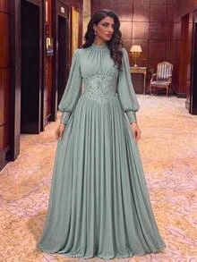 Serin Elegant Sage Green Chiffon Lace Applique High Neck Ruffle Long Sleeve Ruched A Line Mother Of The Bride Dress Wedding Guest Formal Fall Evening Gown - Teal Blue - View 5