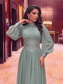 Serin Elegant Sage Green Chiffon Lace Applique High Neck Ruffle Long Sleeve Ruched A Line Mother Of The Bride Dress Wedding Guest Formal Fall Evening Gown - Teal Blue - View 4