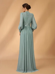 Serin Elegant Sage Green Chiffon Lace Applique High Neck Ruffle Long Sleeve Ruched A Line Mother Of The Bride Dress Wedding Guest Formal Fall Evening Gown - Teal Blue - View 9