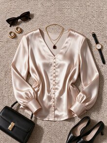Vionelle V-Neck Beaded Long Sleeve Satin Champagne Plus Size Blouse Office Party Business Formal Autumn Elegant Casual Fall Christmas - Apricot - View 7