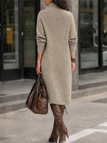 Balvessa Women's Solid Color Drop Shoulder Long Sleeve Button Half-Placket Casual Knit Dress - Camel - View 2