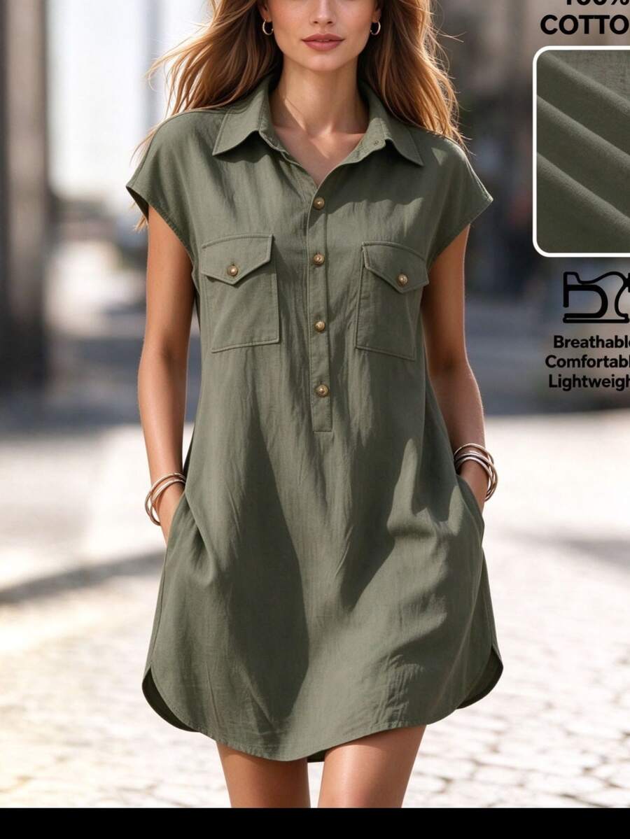 Balvessa Women's Summer Vacation Style Loose Red Dress - Army Green - View 1