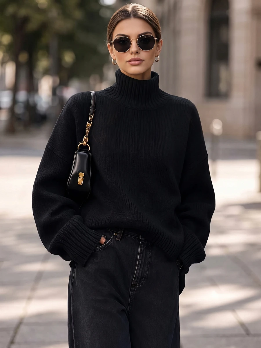 Balvessa High Neck Drop Shoulder Sweater,Long Sleeve Tops Knit Pullover Fall Winter Sweater - Black - View 1