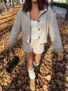 Comfortcana Women's Colorblock Long Sleeve Top And Shorts Casual Vintage Preppy Daily 2 Pieces Set Everyday School Beige Fall - Apricot - View 4