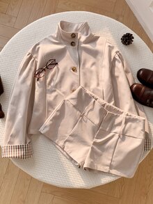 Comfortcana Women's Colorblock Long Sleeve Top And Shorts Casual Vintage Preppy Daily 2 Pieces Set Everyday School Beige Fall - Apricot - View 7