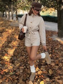 Comfortcana Women's Colorblock Long Sleeve Top And Shorts Casual Vintage Preppy Daily 2 Pieces Set Everyday School Beige Fall - Apricot - View 5