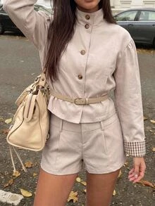 Comfortcana Women's Colorblock Long Sleeve Top And Shorts Casual Vintage Preppy Daily 2 Pieces Set Everyday School Beige Fall - Apricot - View 6