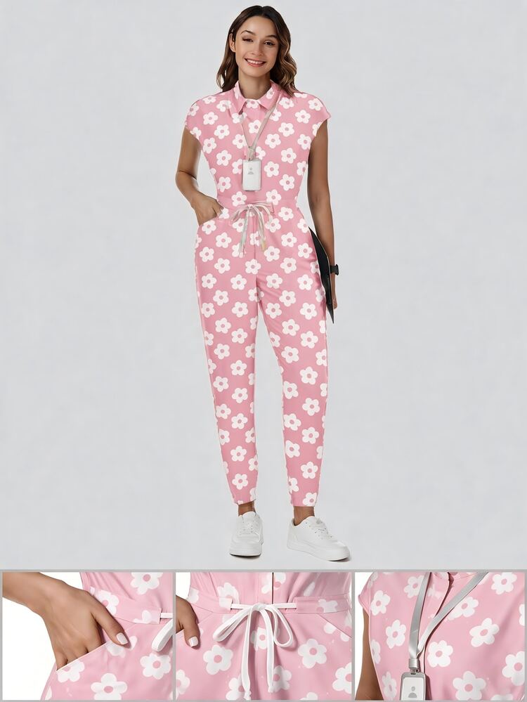 TaskEZ Scrub Uniform Jumpsuit, Women's Nurse Scrub Uniform Vintage Cute Floral Pattern Scrub Suit, Staff Scrub Uniform, Matte Print Jumpsuit With Shoulder Sleeves, 4 Pockets And Waist Drawstring - Multicolor - View 7
