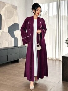 Yasmyna 素色長袖寬鬆優雅端莊華麗日常Ninang婚禮晚宴外套，珍珠裝飾，秋季款 - 酒紅色 - 查看 7