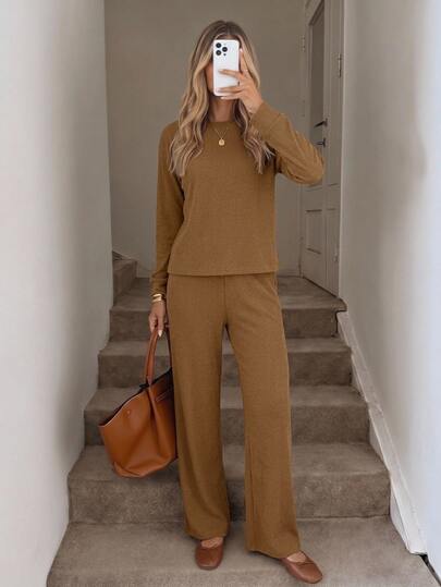 SHEIN Petite Size Women 100Cotton Shades Of Brown Solid Color Rib-Knit Drop Shoulder Tee High Waist Pants Lounge Autumn Casual Everyday