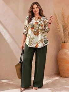 EMERY ROSE Plus Size Women Plant Print Ruffle Sleeve Shirt And Pants Casual 2 Pieces Set Fall - Multicolor - View 1