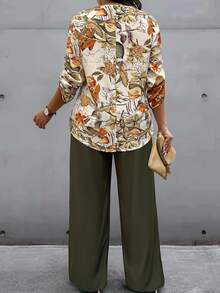 EMERY ROSE Plus Size Women Plant Print Ruffle Sleeve Shirt And Pants Casual 2 Pieces Set Fall - Multicolor - View 2