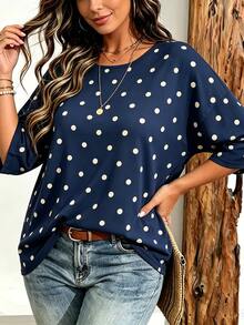 EMERY ROSE Plus Size Women Casual Minimalist Polka Dot Print Drop Shoulder T-Shirt, Suitable For Summer Wear - Multicolor - View 4