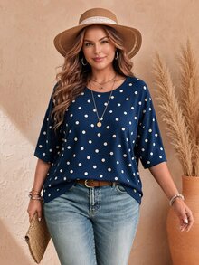 EMERY ROSE Plus Size Women Casual Minimalist Polka Dot Print Drop Shoulder T-Shirt, Suitable For Summer Wear - Multicolor - View 1