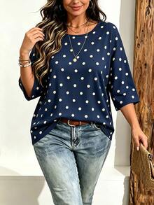 EMERY ROSE Plus Size Women Casual Minimalist Polka Dot Print Drop Shoulder T-Shirt, Suitable For Summer Wear - Multicolor - View 5