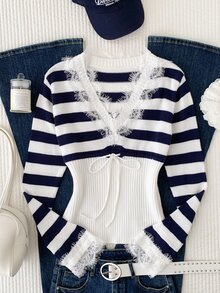 Comfortcana Women Striped Knit Sweater Lace Trim V Neck Long Sleeve Pullover Slim Fit Autumn Top - Navy Blue - View 7