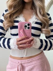 Comfortcana Women Striped Knit Sweater Lace Trim V Neck Long Sleeve Pullover Slim Fit Autumn Top - Navy Blue - View 6