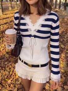 Comfortcana Women Striped Knit Sweater Lace Trim V Neck Long Sleeve Pullover Slim Fit Autumn Top - Navy Blue - View 4