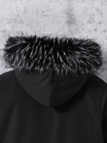 青少年男孩黑色連帽毛領拼接加厚外套，休閒時尚簡約舒適，適合冬季與戶外穿著 - 黑色 - 查看 7