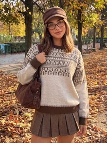 Comfortcana 女款條紋圓領長袖休閒復古百搭毛衣，適合日常居家秋季穿著 - 杏色 - 查看 6