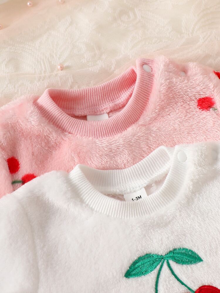 SHEIN 2 Sets Newborn Baby Girls Sweatshirt Pants Cute Sweet Pink White Cherry Embroidery Long Sleeve Round Neck Thick Holiday Winter Fall Christmas Headband - Pink - View 3
