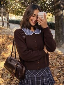 Comfortcana Fall Holiday Cottagecore Preppy Vintage Knitwear For Cafe Date Night School Featuring Brown Checkered Plaid Patchwork Contrast And - Brown - View 4