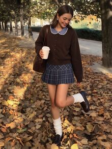 Comfortcana Fall Holiday Cottagecore Preppy Vintage Knitwear For Cafe Date Night School Featuring Brown Checkered Plaid Patchwork Contrast And - Brown - View 2