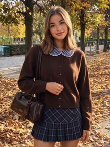 Comfortcana Fall Holiday Cottagecore Preppy Vintage Knitwear For Cafe Date Night School Featuring Brown Checkered Plaid Patchwork Contrast And - Brown - View 1