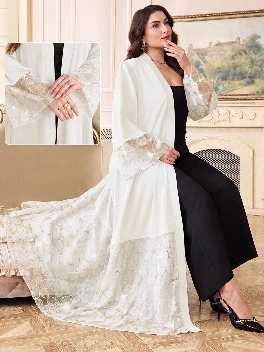 Al Najma Plus Size Women Rhinestone Floral Pattern Casual Party Abaya - Apricot - View 1