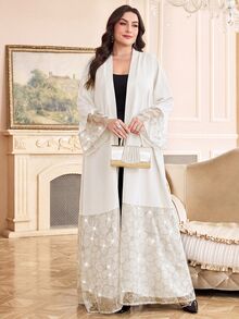 Al Najma Plus Size Women Rhinestone Floral Pattern Casual Party Abaya - Apricot - View 3