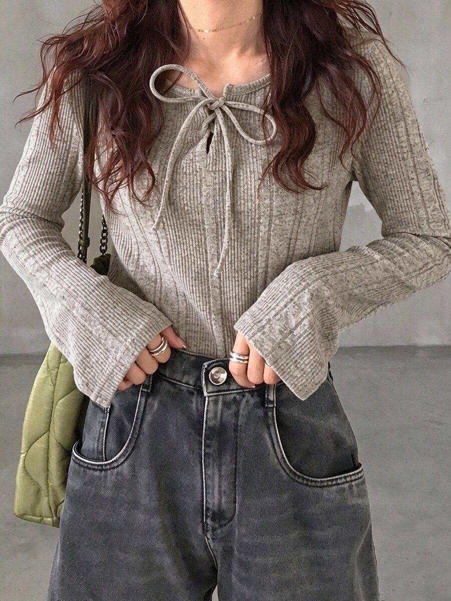 FRIFUL Women Plain Front Tie Long Sleeve Casual Simple T-Shirt, Daily Wear Summer - Apricot - View 1