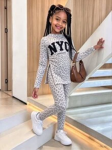 Tween Girls Loose Long Sleeve Winter Top Skinny Leggings 2 Pieces Set With Cartoon Pattern School Student Pink And White Y2k Cow Girl Cute Family - Multicolor - View 3