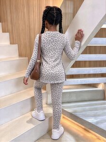 Tween Girls Loose Long Sleeve Winter Top Skinny Leggings 2 Pieces Set With Cartoon Pattern School Student Pink And White Y2k Cow Girl Cute Family - Multicolor - View 2
