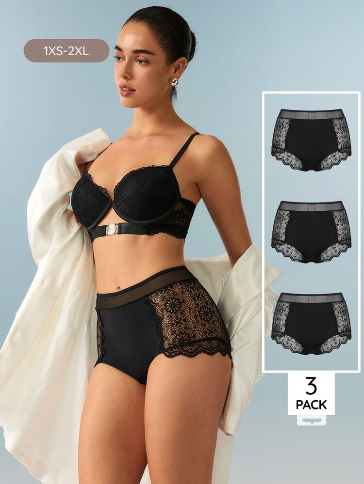Bralution Women's Solid Color Contrast Lace Fashion Triangle Panties - Black - View 6
