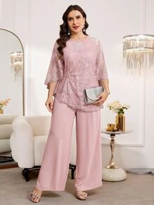 Reflora Setelan 2 Potong Blus dan Celana Panjang Renda Warna Polos Elegan Ukuran Plus - Baby Pink - View 8