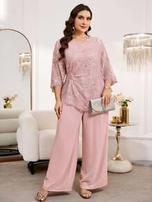 Reflora Setelan 2 Potong Blus dan Celana Panjang Renda Warna Polos Elegan Ukuran Plus - Baby Pink - View 6