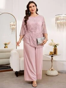 Reflora Setelan 2 Potong Blus dan Celana Panjang Renda Warna Polos Elegan Ukuran Plus - Baby Pink - View 1