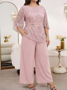 Reflora Setelan 2 Potong Blus dan Celana Panjang Renda Warna Polos Elegan Ukuran Plus - Baby Pink - View 2