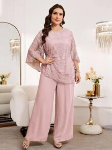Reflora Setelan 2 Potong Blus dan Celana Panjang Renda Warna Polos Elegan Ukuran Plus - Baby Pink - View 7