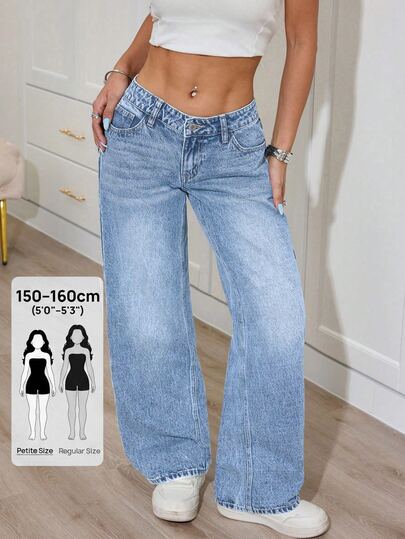 SHEIN PETITE Women's Casual Everyday Commute Simple Versatile Solid Color Low Waist Loose Wide Leg Jeans ,Petite Women