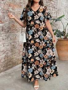 EMERY ROSE Plus Size Women Floral Retro Print V-Neck Short Sleeve Maxi Dress, Elegant Vacation Dresses, Summer - Multicolor - View 4