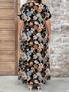EMERY ROSE Plus Size Women Floral Retro Print V-Neck Short Sleeve Maxi Dress, Elegant Vacation Dresses, Summer - Multicolor - View 2