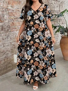 EMERY ROSE Plus Size Women Floral Retro Print V-Neck Short Sleeve Maxi Dress, Elegant Vacation Dresses, Summer - Multicolor - View 3
