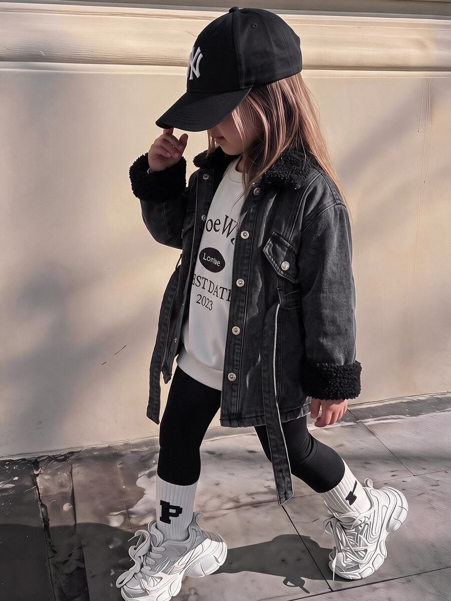 SHEIN 女童秋冬保暖抓絨內裡藍色長版外套,腰部收腰,適合女童校服,保暖外套,聖誕 - 黑色 - 查看 1