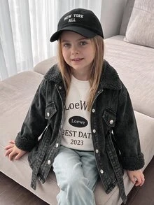 SHEIN 女童秋冬保暖抓絨內裡藍色長版外套，腰部收腰，適合女童校服，保暖外套，聖誕 - 黑色 - 查看 7