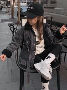 SHEIN 女童秋冬保暖抓絨內裡藍色長版外套，腰部收腰，適合女童校服，保暖外套，聖誕 - 黑色 - 查看 5