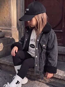 SHEIN 女童秋冬保暖抓絨內裡藍色長版外套，腰部收腰，適合女童校服，保暖外套，聖誕 - 黑色 - 查看 4